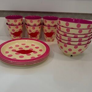 Rice brand Melamine Pink Kiss polka dot print set - bowls, plates and cups